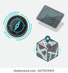 Conjunto de ícones de navegação futurista. Bússola digital, tela de radar e mapa 3D com pino de localização. GPS moderno, rastreamento e ilustração de tecnologia de navegação com neon azul efeitos brilhantes.