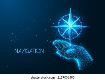 Futuristic navigation, life path choice concept with glowing low poly human hand holding compass 