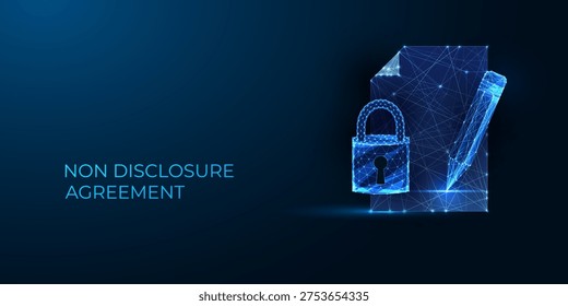 Futuristic NDA non-disclosure agreement document. Glowing lock and pen on dark blue background. Digital security, confidentiality, data protection. AI business tech vector neon wireframe cyber style