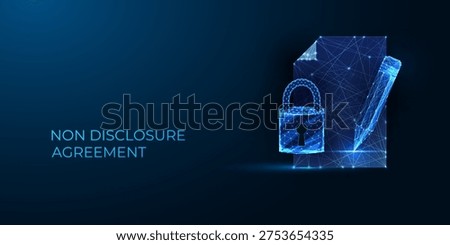 Futuristic NDA non-disclosure agreement document. Glowing lock and pen on dark blue background. Digital security, confidentiality, data protection. AI business tech vector neon wireframe cyber style