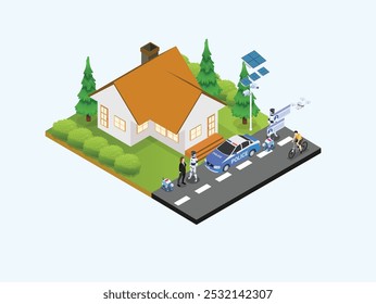 Futuristic neighborhood with a focus on advanced technology and public safety 3d isometric vector illustration