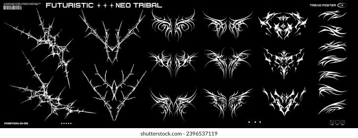 Futuristic Neo Tribal Tattoos: A Modern Take on Ancient Symbols in Striking Black and White. Succubus Y2K womb tattoo. Demon heart sigil and butterfly with in neo tribal style. Vector illustration