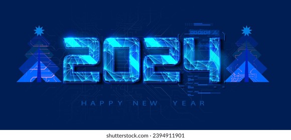 Futuristic Neon 2024 New Year Celebration Concept with Digital Circuitry and Trees. Circuit pattern, futuristic poster. Vector illustration