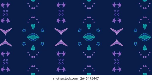 Futuristic neon abstract pattern in purple and cyan on a dark background. Eye-catching digital aesthetic ideal for tech-inspired designs or trendy fashion prints.