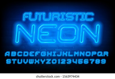 Futuristic Neon alphabet font. Blue neon light type letters and numbers. Brick wall background. Stock vector typeface for your typography design.