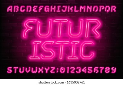 Futuristic Neon alphabet font. Pink neon light type letters and numbers. Brick wall background. Stock vector typeface for your typography design.