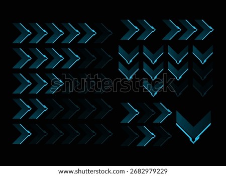 Futuristic Neon Arrow Progression Icon Pack Cyberpunk Sci Fi HUD Tier Rank Loading Direction Navigation Game UI Elements Digital Interface Arrows