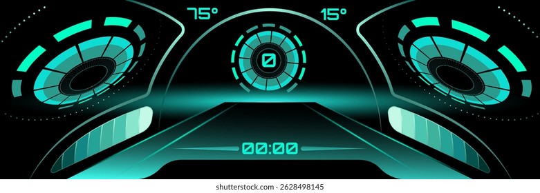 Futuristic neon artwork. Digital car dashboard with radial gauges and glowing control dial in teal hues. Surreal art collage. Vector illustration. Concept of vehicle interface, high-speed, innovation.