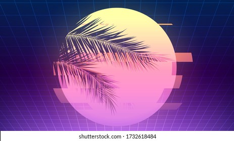 Futuristic neon background with sun with glitch effect and palm branches silhouettes