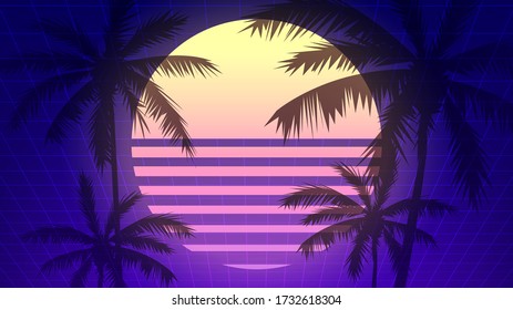 Futuristic neon background with sun and palm silhouettes, illustration in the style of an old computer game