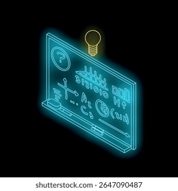 Quadro negro de néon futurista com equações, gráficos e ponto de interrogação, iluminado por uma lâmpada de luz brilhante, representando aprendizagem inovadora e resolução de problemas