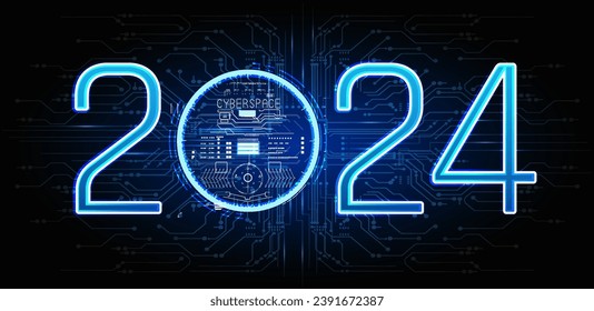 Futurista neón azul 2024 contra el fondo de un circuito negro, simbolizando la intersección del tiempo y la tecnología