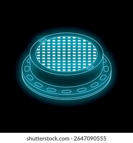Futuristic neon blue glowing round metal grate with square holes covering a dark hole on a black background