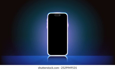 Futuristic Neon Blue Light Smartphone Mockup. Glowing Vector Illustration with Violet, Blue, and Cyan Borders for Mobile Screens.