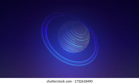 Futuristic neon blue planet with rings on a dark background, space wallpaper
