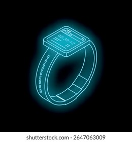 Futuristic neon blue smartwatch displaying time, isolated on a black background