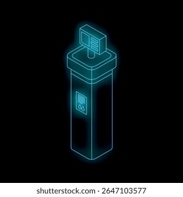 Futuristic neon blue water purifier illuminating dark background, featuring digital display indicating filtration status
