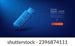 Futuristic Neon Blue Wireframe USB Flash Drive on a Dark Background. USB flash drive icon from lines. 3d vector illustration isolated on blue background.