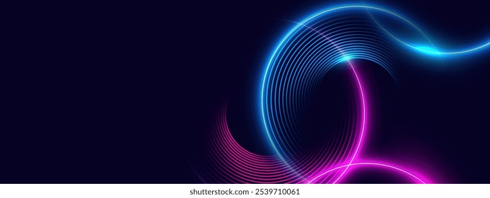 Fondo abstracto futurista del círculo de neón con efectos de luz vibrantes. Ilustración vectorial.