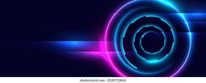 Fondo abstracto futurista del círculo de neón con efectos de luz vibrantes. Ilustración vectorial.