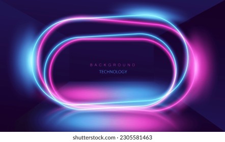 Vector de círculos de neón futurista. Vector de líneas redondeadas de luz brillante. 
Lugar vacío con lámparas azules y violetas de diseño interior.