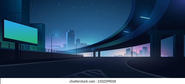 Futuristic Neon City. Highway, Overpass And Blank Billboard