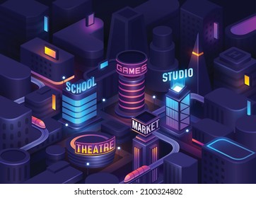 Futuristic Neon City. Isometric Night Cityscape In The Dark Background. Map For Game Screen. Vector Buildings Landscape For UI Interface