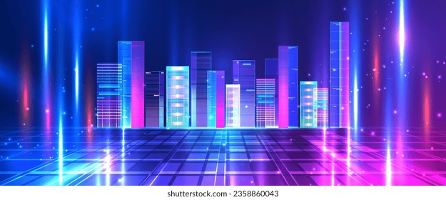 Futuristic neon city with metaverse virtual reality technology concept. Metaverse with city skyline neon color cartoon vector with illuminated skyscrapers in downtown. Futuristic night city. Vector.