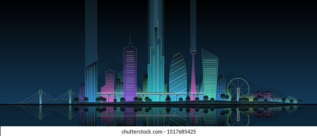Futuristic neon cityscape illustration. Modern night city panorama with reflected light on water. Illuminated town landscape. Urban skyline with downtown skyscrapers, glowing office buildings, park.