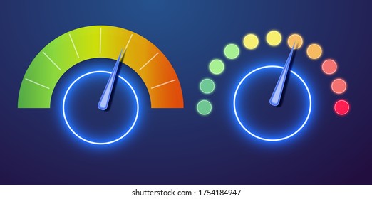 Futuristic neon customer satisfaction meter, speedometer. The concept of low-risk, low, medium or high risk on the speedometer Vector illustration.