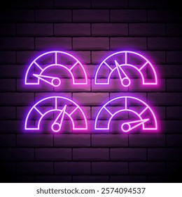 Futuristic neon customer satisfaction meter, speedometer. The concept of low-risk, low, medium or high risk on the speedometer Vector illustration.