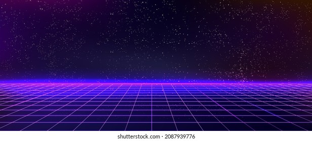 Futurista fondo cibernético neón con líneas láser y cielo estrellado. Banner retro digital de estilo años 80 para decoración de diseño