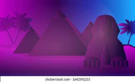 Futuristic neon Egypt. Cheops pyramids, Egyptian sphinx, desert. Vector illustration.