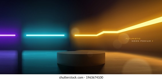 Futuristic neon empty podium scene for product display presentation or placement mockup vector