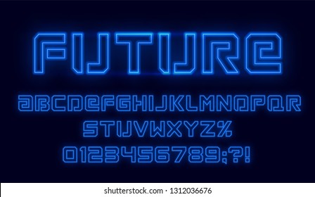 Futuristic neon font. Blue alphabet with numbers on dark background.