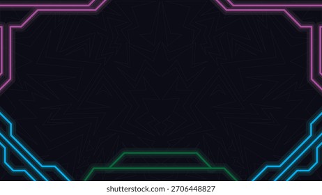 Fondo de juego Abstractas de marco de neón futurista con Formas de tecnología oscura y líneas verdes azules rosadas brillantes para diseños digitales