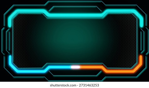 Marco de neón futurista con resplandor azul y naranja sobre fondo negro para Tecnología y diseño de juegos