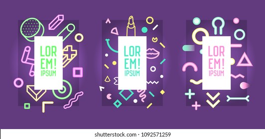 Futuristic Neon Frames with Abstract Geometric Elements. Modern Art Graphics for Flyers, Posters, Banners, Placards, Brochures with Place for Text. Vector illustration
