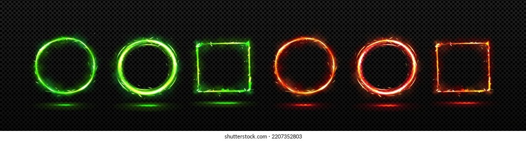 Futuristic neon frames of burning fire and green energy glow with sparks isolated on transparent background. Circle and square magic light traces with sparkles, vector realistic set