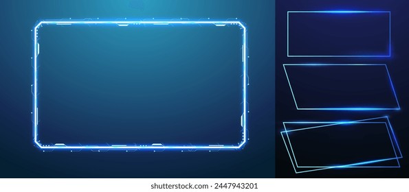 Futuristic Neon Frames on Dark Background. Double-bordered blue neon rectangle with a luminous outline. Vector design of a bright, empty rectangular banner for a retro-futuristic display.