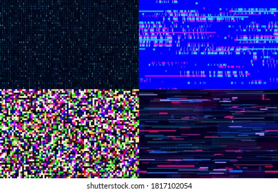 Futuristic neon glitch seamless pattern. TV pixel noise on television screen. Distorted signal with light bug effects set. Glitched tech lines and video snow interference vector illustration