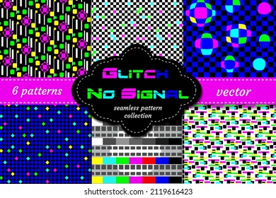 Futuristic neon glitch seamless pattern set. TV pixel noise on television screen. Distorted signal with light bug effects set. Glitched tech lines and video snow interference vector illustration