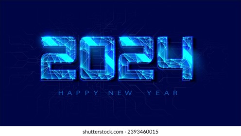 Futuristic Neon Glitch tech 2024 New Year Celebration Design on a Digital Background. Futuristic glowing banner polygonal style on blue. Happy New Year, vector banner