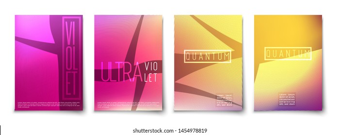 Futuristic neon glowing abstract cover background set. Minimalistic hi-tech geometric grid and lines. Space objects.