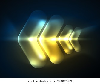 Futuristic neon glowing arrows techno background, abstract 3d technology lines. Transparent direction shapes on color backdrop. Geometric minimal abstract background with light effects