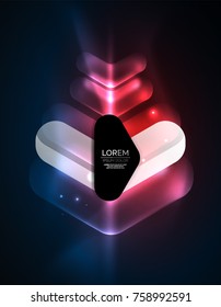 Futurista neón brillando flechas de fondo tecno, líneas abstractas de tecnología 3d. Formas de dirección transparentes en el fondo de color. Fondo abstracto geométrico mínimo con efectos de luz