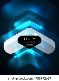 Futuristic neon glowing arrows techno background, abstract 3d technology lines. Transparent direction shapes on color backdrop. Geometric minimal abstract background with light effects