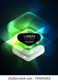 Futuristic neon glowing arrows techno background, abstract 3d technology lines. Transparent direction shapes on color backdrop. Geometric minimal abstract background with light effects