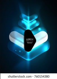 Futuristic neon glowing arrows techno background, abstract 3d technology lines. Transparent direction shapes on color backdrop. Geometric minimal abstract background with light effects