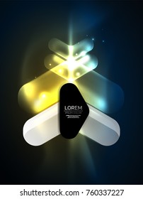 Futuristic neon glowing arrows techno background, abstract 3d technology lines. Transparent direction shapes on color backdrop. Geometric minimal abstract background with light effects